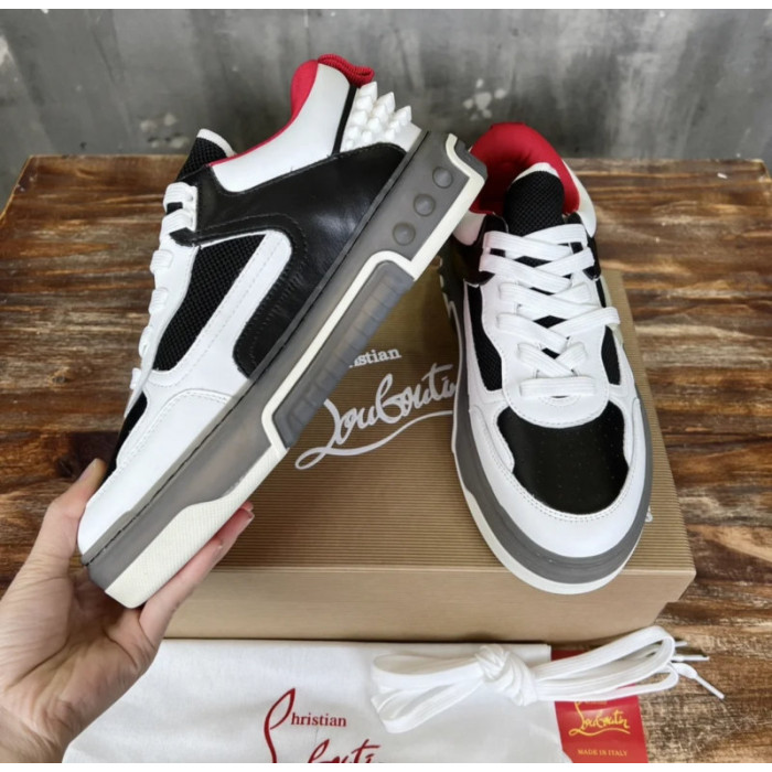 Christian Louboutin Black‑White Leather Spiked Platform Low‑Top Sneakers