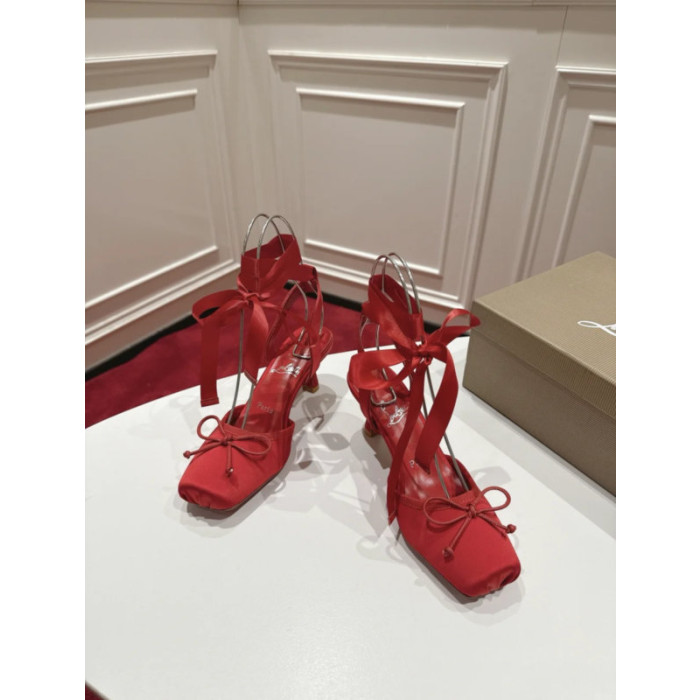 Christian Louboutin Red Satin Ankle‑Tie Bow Kitten Heel Pumps