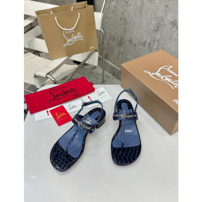 Christian Louboutin Navy Croc‑Embossed 45mm Block Heel Thong Sandals