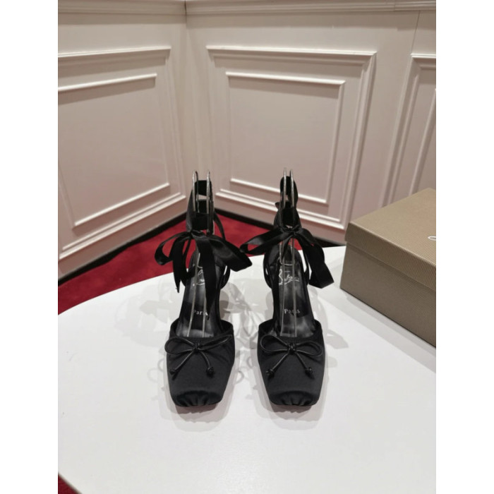 Christian Louboutin Black Satin Ankle Tie Bow Kitten Heel Pumps
