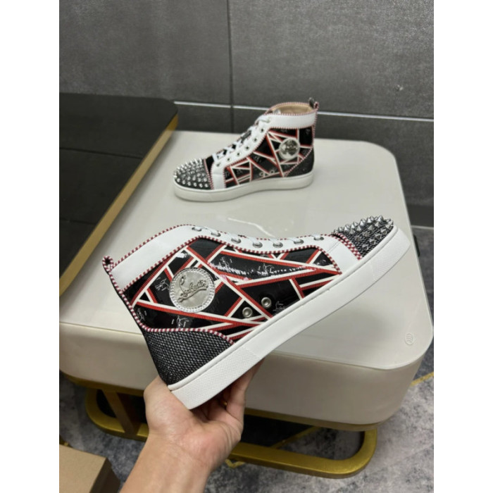 Christian Louboutin Black Patent Geometric‑Print Spiked High‑Top Sneakers