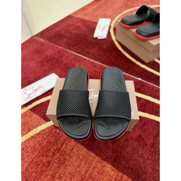 Christian Louboutin Black Mesh Logo Slide Sandals Red Rubber Outsole