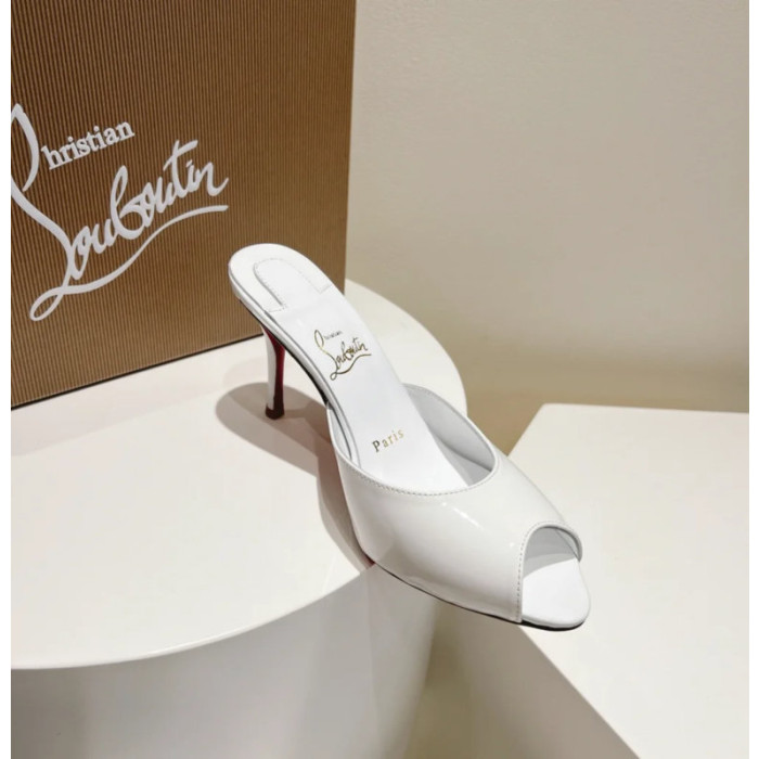 Christian Louboutin White Patent Peep‑Toe Stiletto Heel Mules
