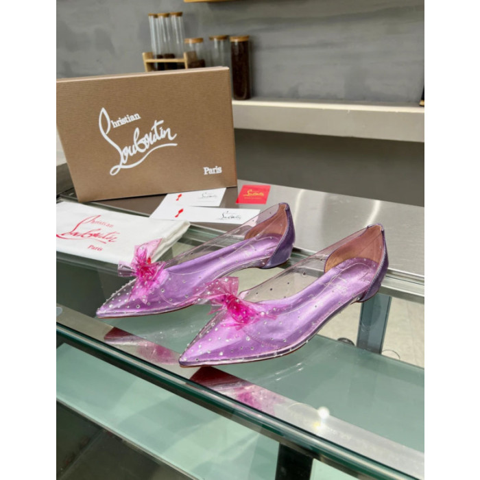 Christian Louboutin Purple Transparent PVC Pink Bow Crystal Pointed‑Toe Flat Pumps