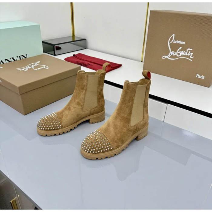 Christian Louboutin Tan Suede Stud‑Cap Chelsea Ankle Boots