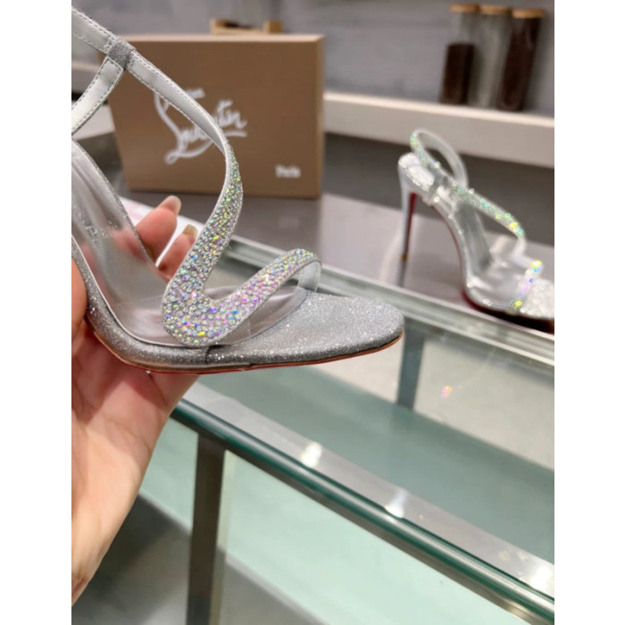 Christian Louboutin Silver Glitter Crystal‑Embellished 100mm heel Sandal