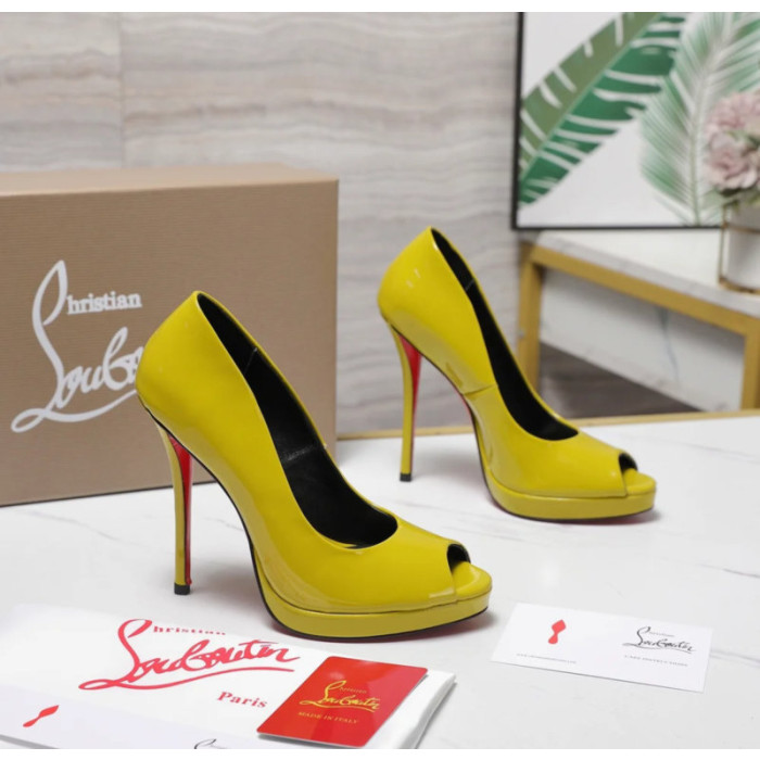 Christian Louboutin Lady Z 120 Yellow Patent Peep‑Toe Platform Stiletto Heel Pumps