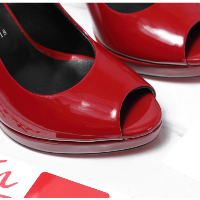 Christian Louboutin Lady Z 120 Red Patent Peep‑Toe Platform Stiletto Heel Pumps
