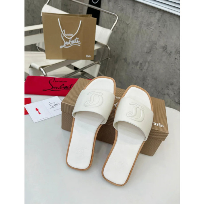 Christian Louboutin Stitched Logo White Leather Flat Slip‑on Slide