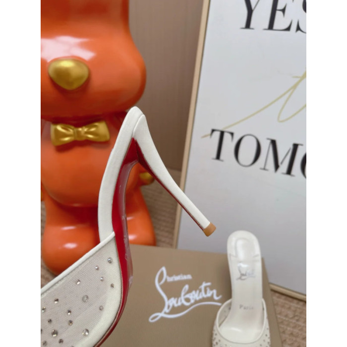 Christian Louboutin White Mesh Crystal‑Embellished 100mm Stiletto Heel Mules