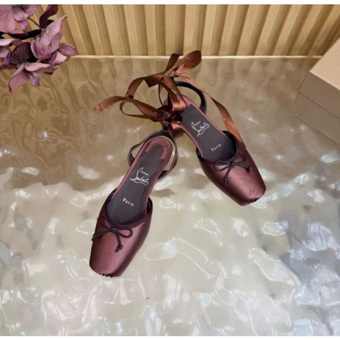 Christian Louboutin Brown Satin Bow Ankle‑Tie Slingback Ballet Flats
