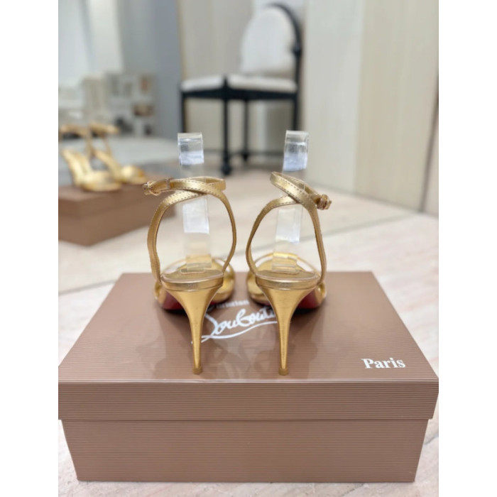 Christian Louboutin Gold Laminated Leather 85mm Stiletto Heel Ankle‑Strap Sandals