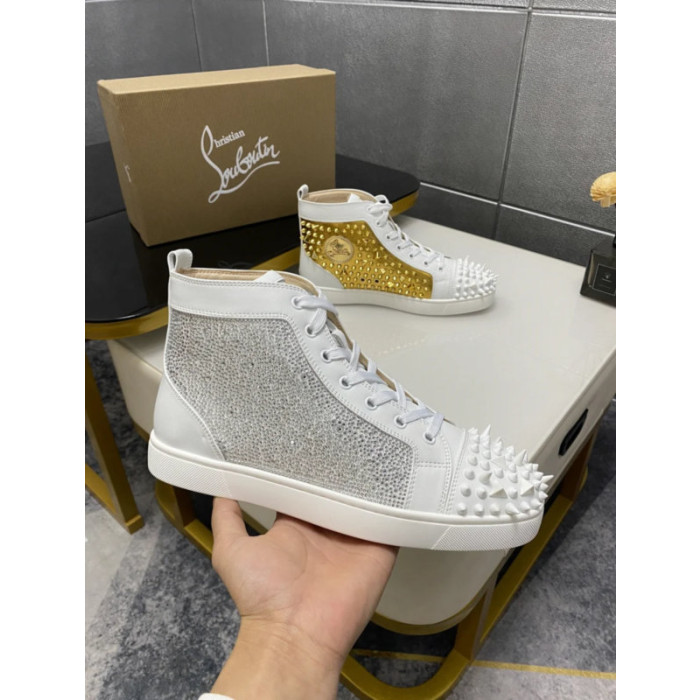 Christian Louboutin White Strass Rhinestone Spiked High‑Top Sneakers