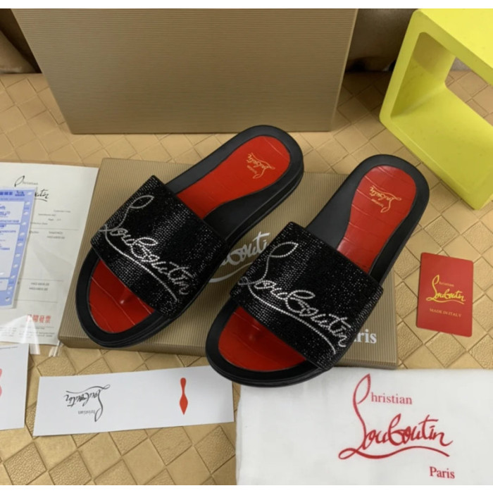 Christian Louboutin Black Crystal Logo Embellished Flat Slide Sandals