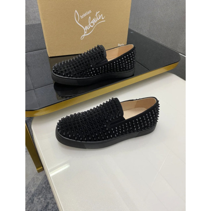 Christian Louboutin Black Suede All‑Over Spiked Slip‑On Loafers
