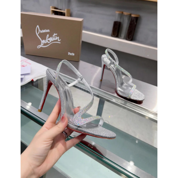 Christian Louboutin Silver Glitter Crystal‑Embellished 100mm heel Sandal