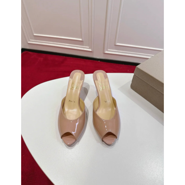 Christian Louboutin Nude Patent Peep‑Toe Kitten Heel Mules
