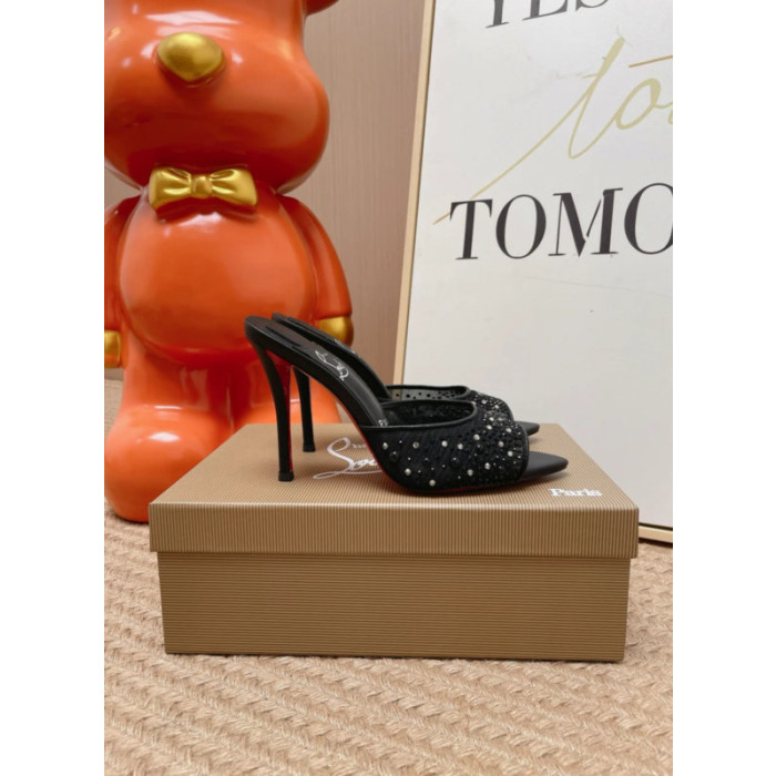 Christian Louboutin Black Tulle Rhinestone 100mm Stiletto Heel Backless Mules