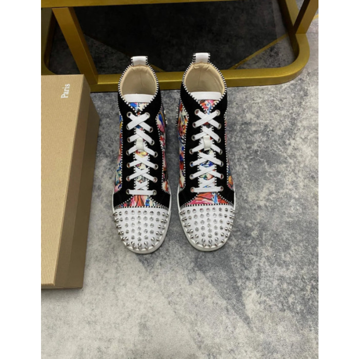 Christian Louboutin Colorful Graffiti Print Silver‑Spiked High‑Top Sneakers