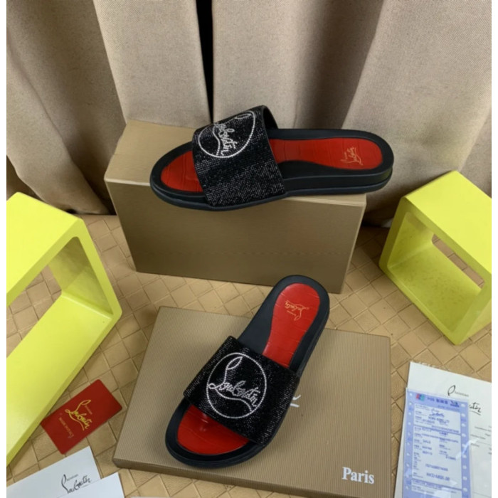 Christian Louboutin Black Crystal Slide Sandals Silver Rhinestone Circular Logo