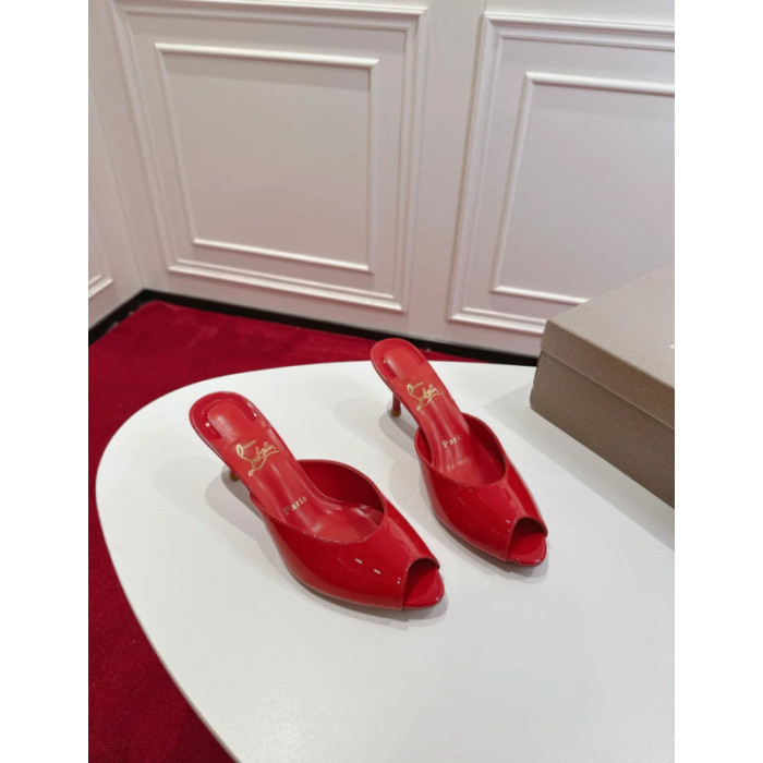 Christian Louboutin Red Patent Peep‑Toe Kitten Heel Mules