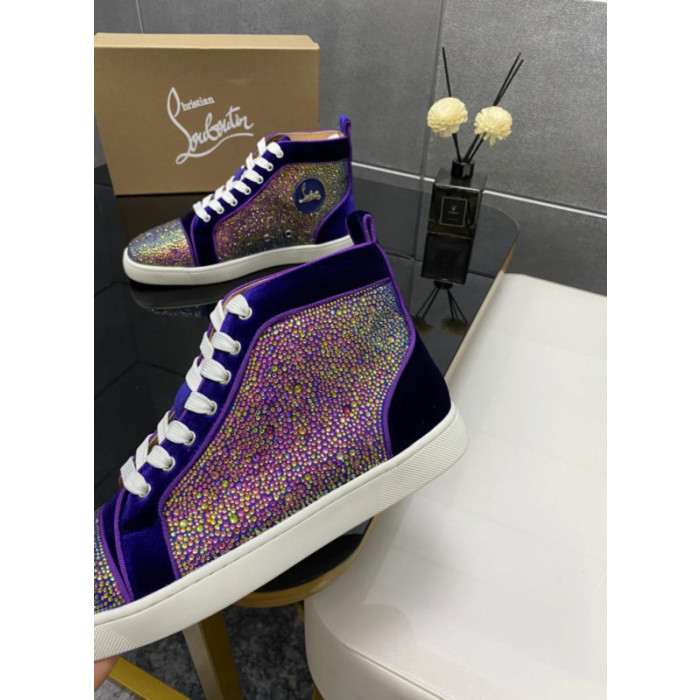 Christian Louboutin Purple Velvet Multicolor Rhinestone High‑Top Sneakers