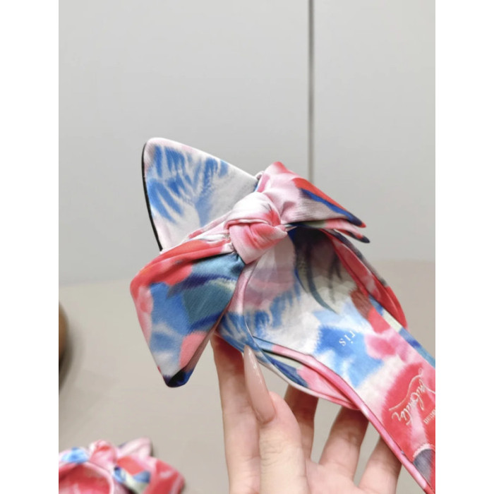 Christian Louboutin Pink Watercolor‑Print Satin Bow Mule Kitten Heel Sandals 55mm heel