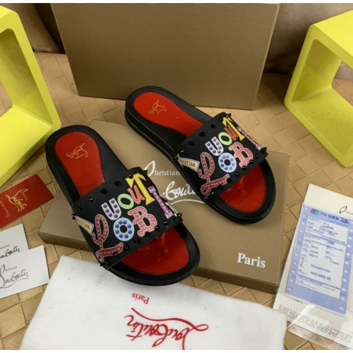 Christian Louboutin Black Colorful Graffiti‑Print Spiked Slide Sandals