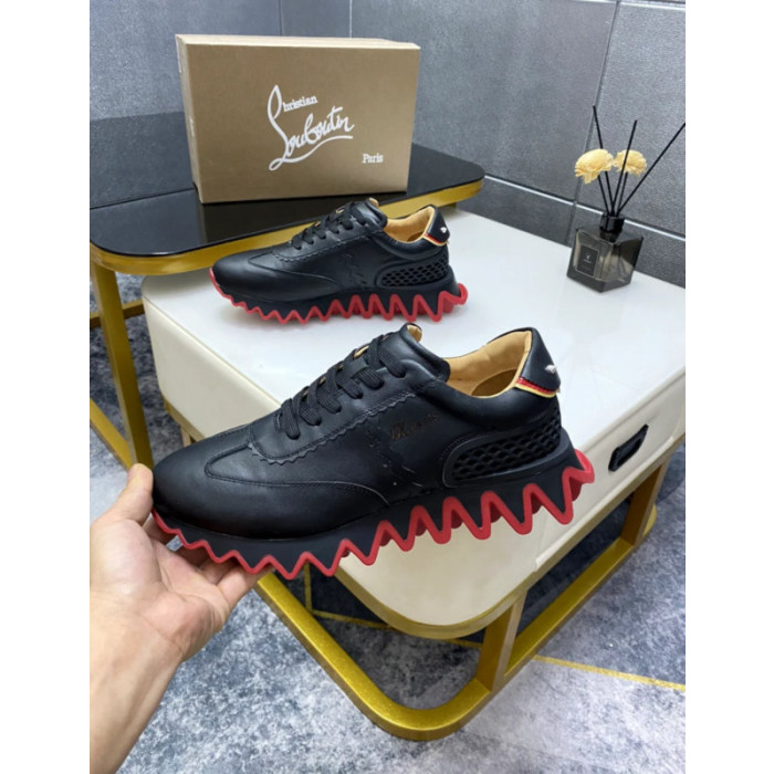 Christian Louboutin Black Leather Red Zigzag Sole Low‑Top Sneakers