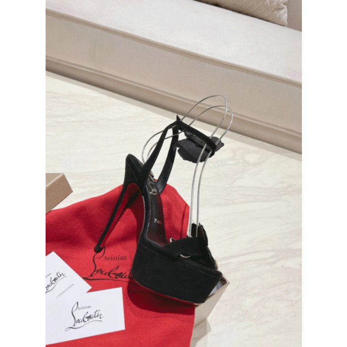 Christian Louboutin Black Satin Crystal Flower 150mm Platform Stiletto Heel Sandals