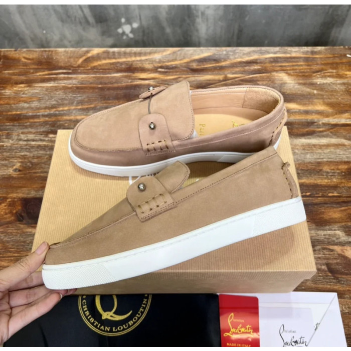 Christian Louboutin Taupe Nubuck Metal‑Bar Slip‑On Loafers
