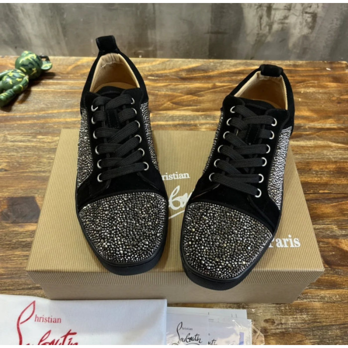 Christian Louboutin Black Suede Gunmetal Crystal‑Covered Low‑Top Men’s Sneakers