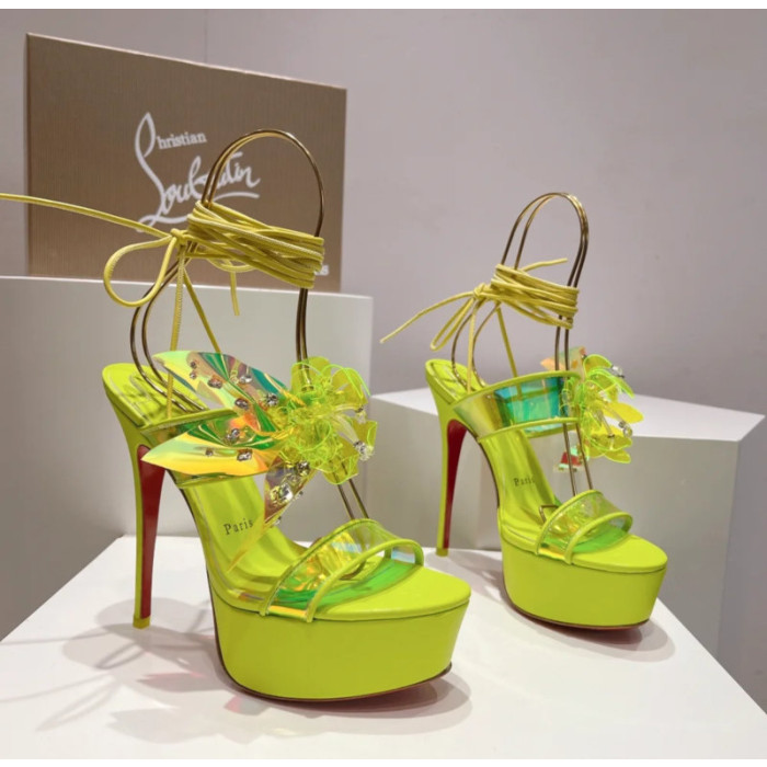 Christian Louboutin Neon Yellow Patent Iridescent Crystal‑Flower 150mm Platform Ankle‑Tie Sandals