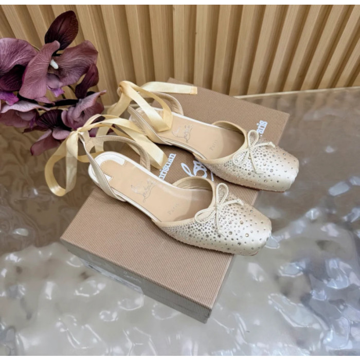 Christian Louboutin Cream Satin Crystal‑Embellished Ankle‑Tie Slingback Ballet Flats