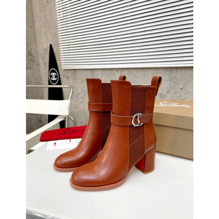 Christian Louboutin Cognac Leather 85mm Block‑Heel Chelsea Ankle Boots with CL Buckle