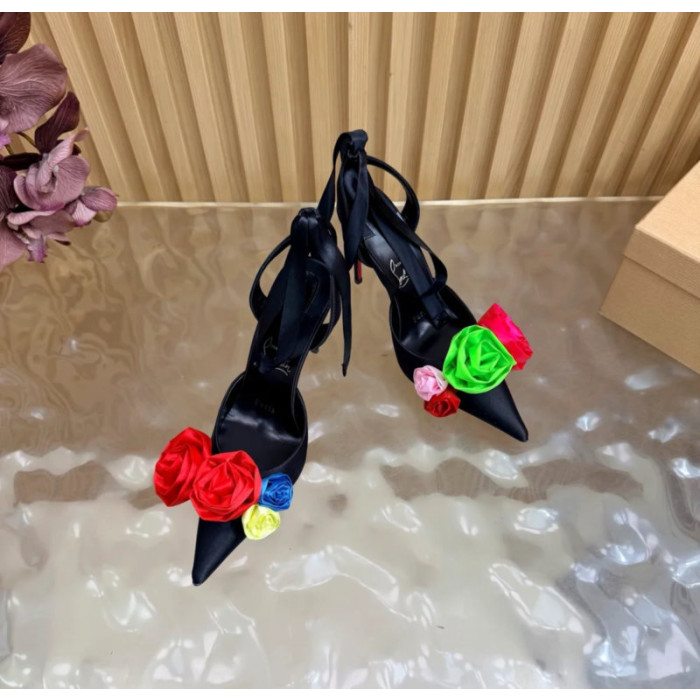 Christian Louboutin Black Satin Multicolor Fabric Flower 100mm Stiletto Heel Slingback Pumps