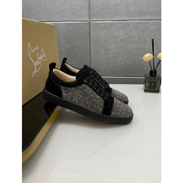 Christian Louboutin Black Suede Gunmetal Crystal‑Encrusted Low‑Top Sneakers