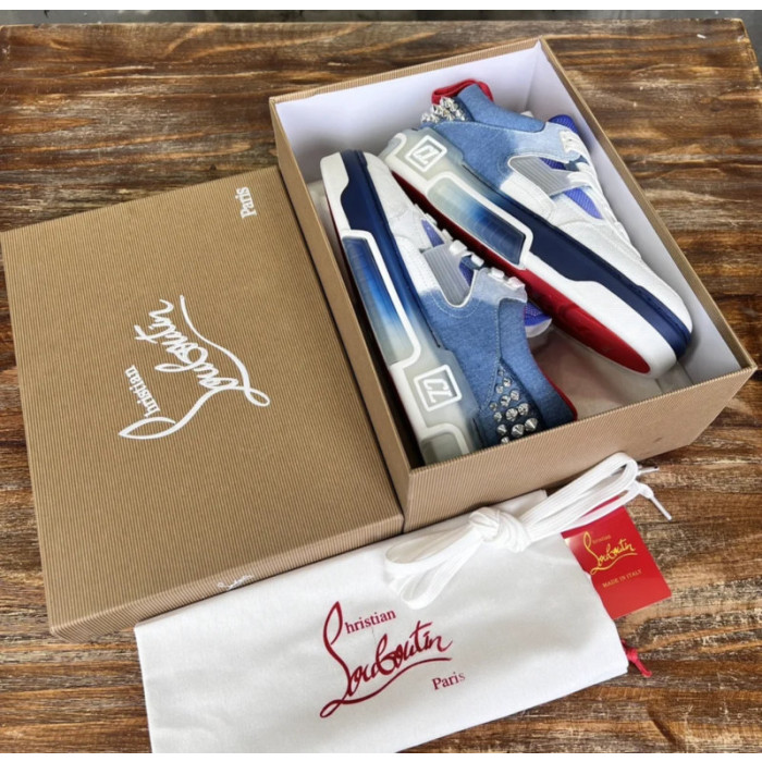 Christian Louboutin White‑Blue Denim Spiked Platform Low‑Top Sneakers