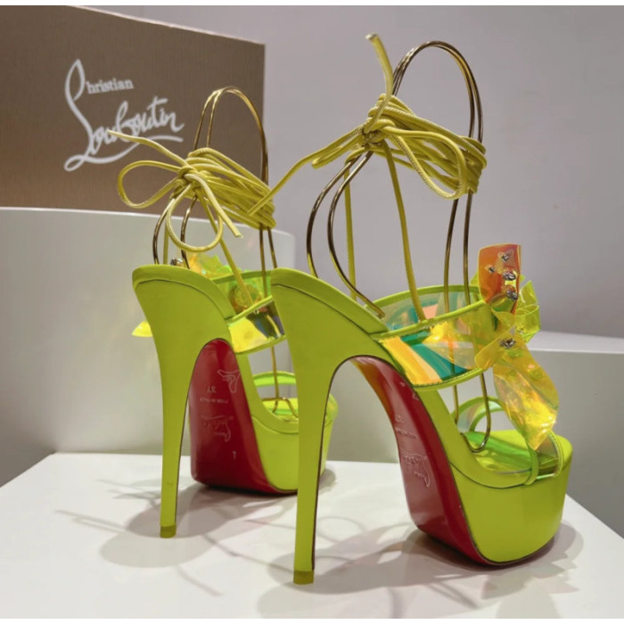 Christian Louboutin Neon Yellow Patent Iridescent Crystal‑Flower 150mm Platform Ankle‑Tie Sandals