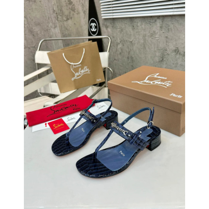 Christian Louboutin Navy Croc‑Embossed 45mm Block Heel Thong Sandals