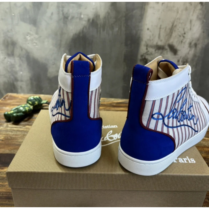 Christian Louboutin Striped Canvas Leather‑Trim High‑Top Sneakers