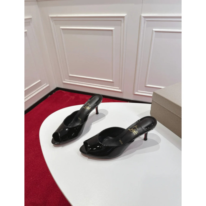 Christian Louboutin Black Patent Peep‑Toe Stiletto Heel Mules