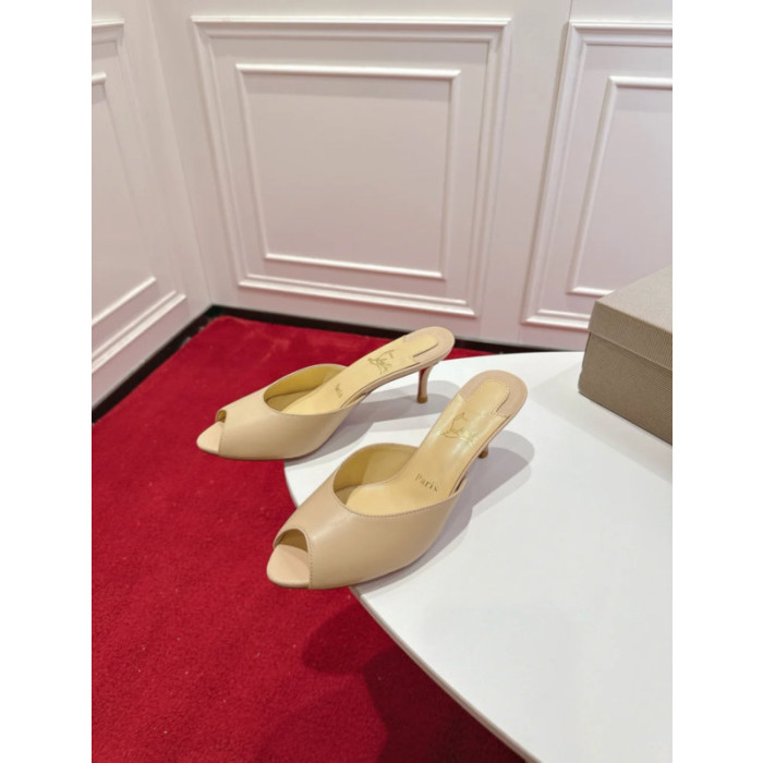 Christian Louboutin Nude Leather 55mm Peep‑Toe Mule Heels