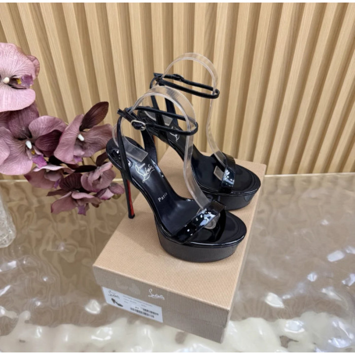 Christian Louboutin Black Patent Leather 150mm Platform Ankle‑Strap Stiletto Heel Sandals