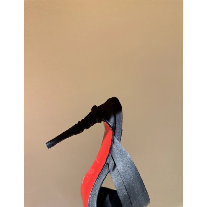 Christian Louboutin Black Satin Crisscross Mule Sandals Ruched Sculptural Heel 100mm heel