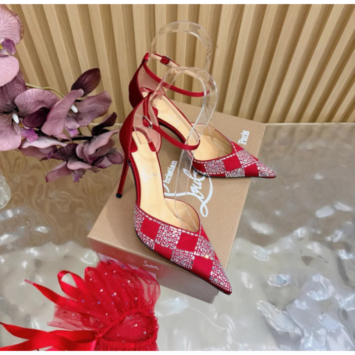 Christian Louboutin Red Satin Checkered Crystal‑Embellished 100mm Stiletto Heel Ankle‑Strap Pumps