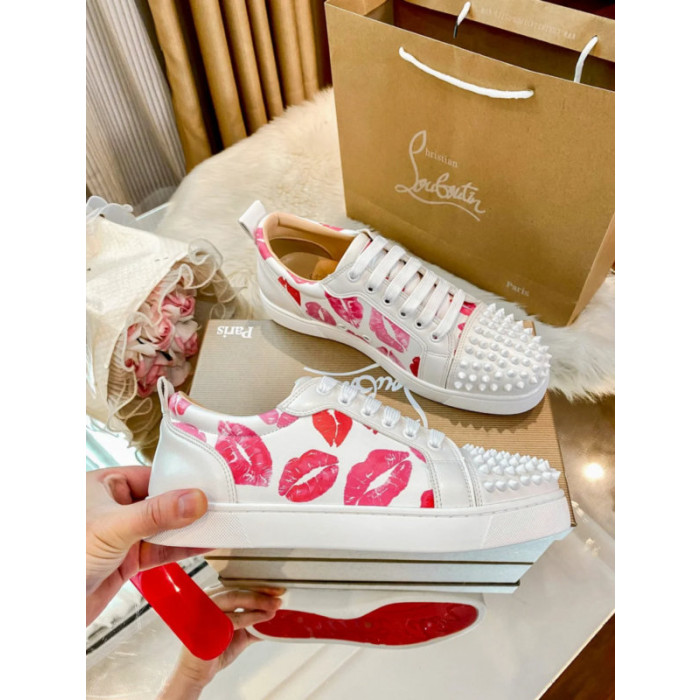 Christian Louboutin Lips‑Print Spiked Toe Low‑Top Lace‑Up Sneakers
