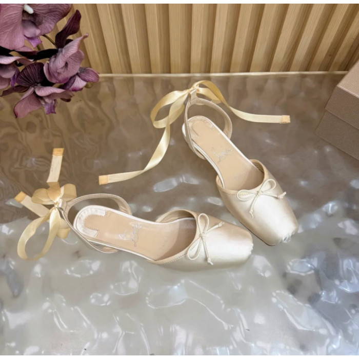 Christian Louboutin Ivory Satin Bow Ankle‑Tie Slingback Ballet Flats