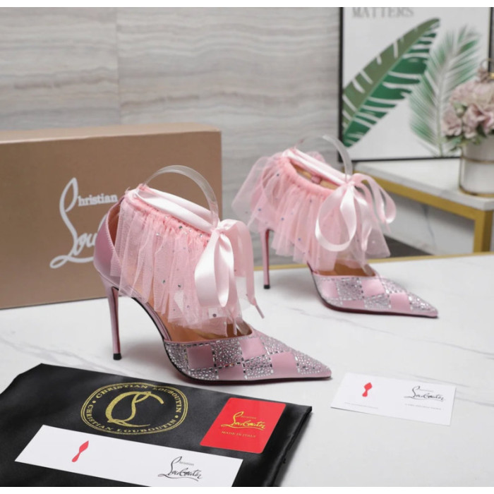 Christian Louboutin Pastel Pink Satin Checkerboard Crystal Tulle Ruffle 100mm Stiletto Heel Pumps