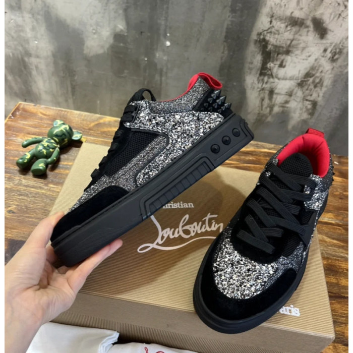 Christian Louboutin Black‑Silver Glitter Spiked Platform Low‑Top Sneakers